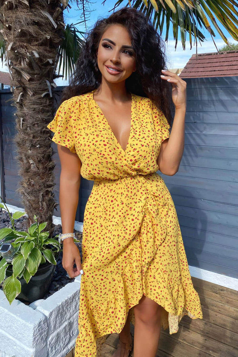 V neck Printed Frill Midi Dress