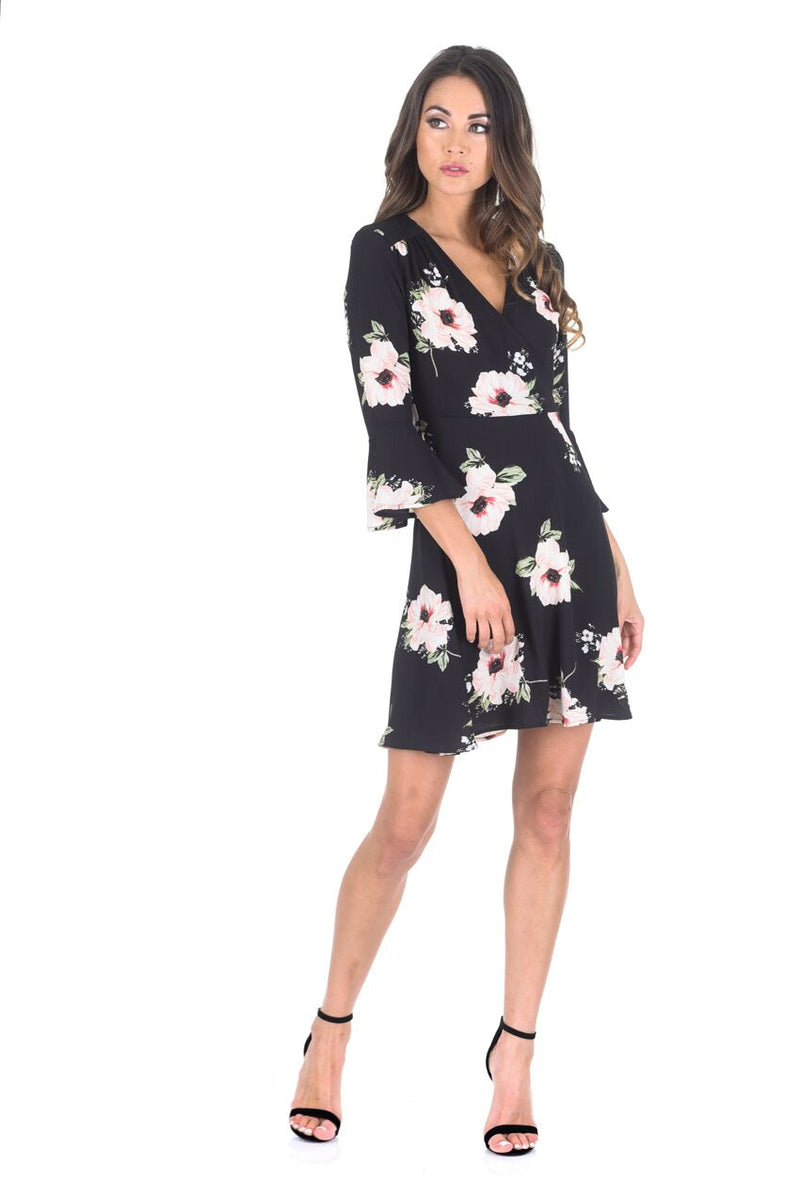 V Neck Floral Dress with Bell Sleeves