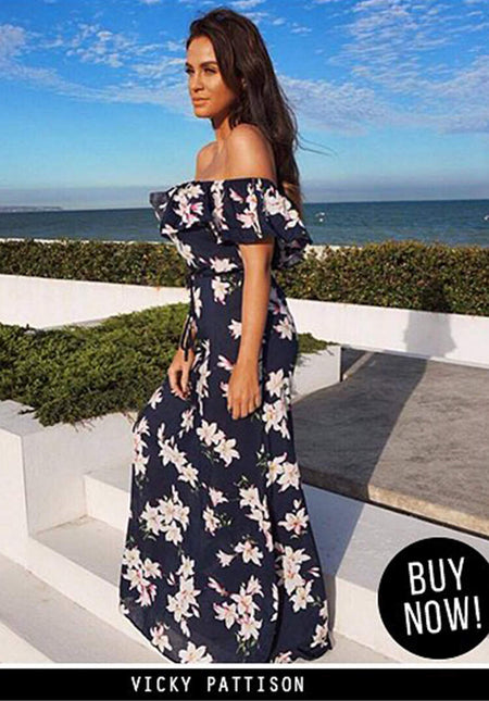 Navy Floral Bardot Printed Maxi Dress