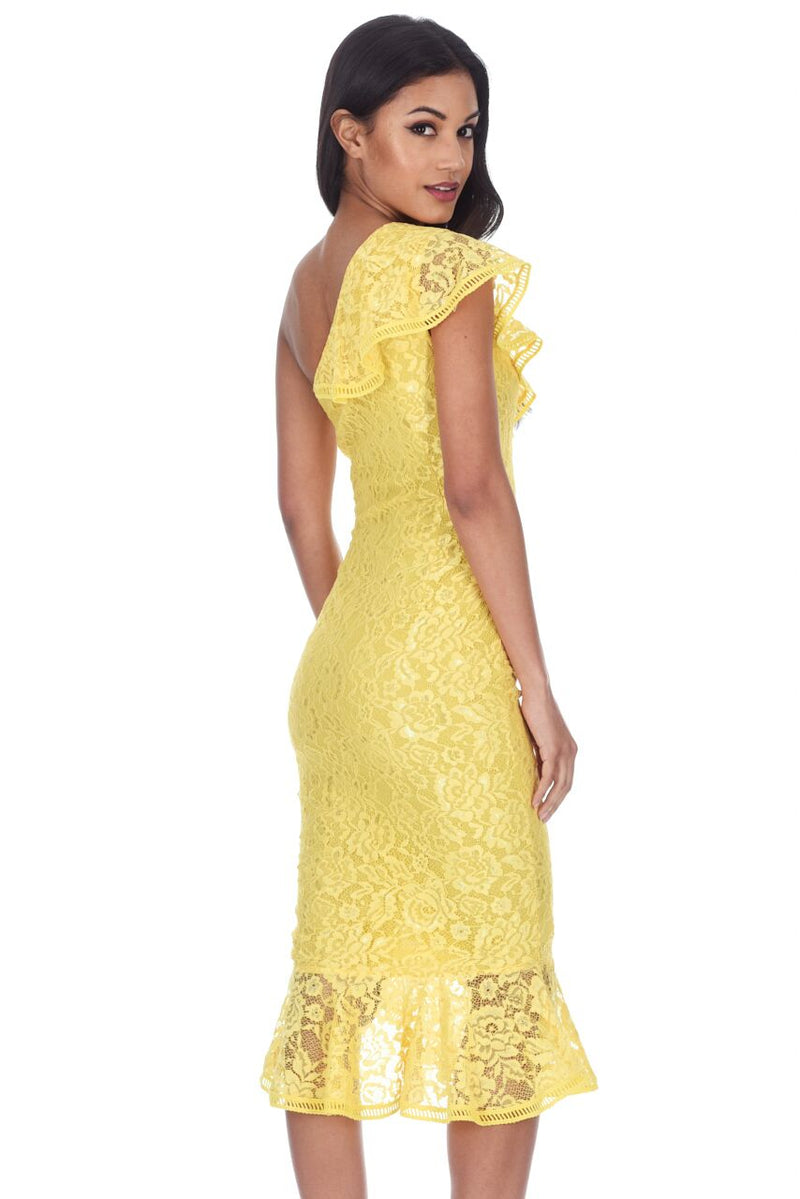 Yellow Lace One Shoulder Frill Detail Midi Dress