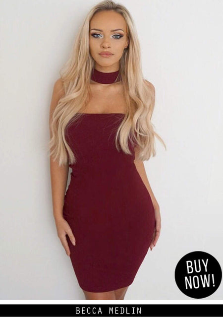 Wine Choker Bodycon Dress