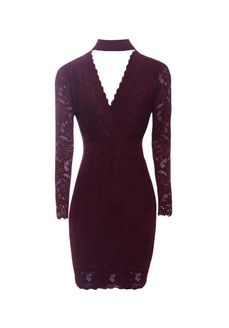 Wine Lace Choker Midi Dress