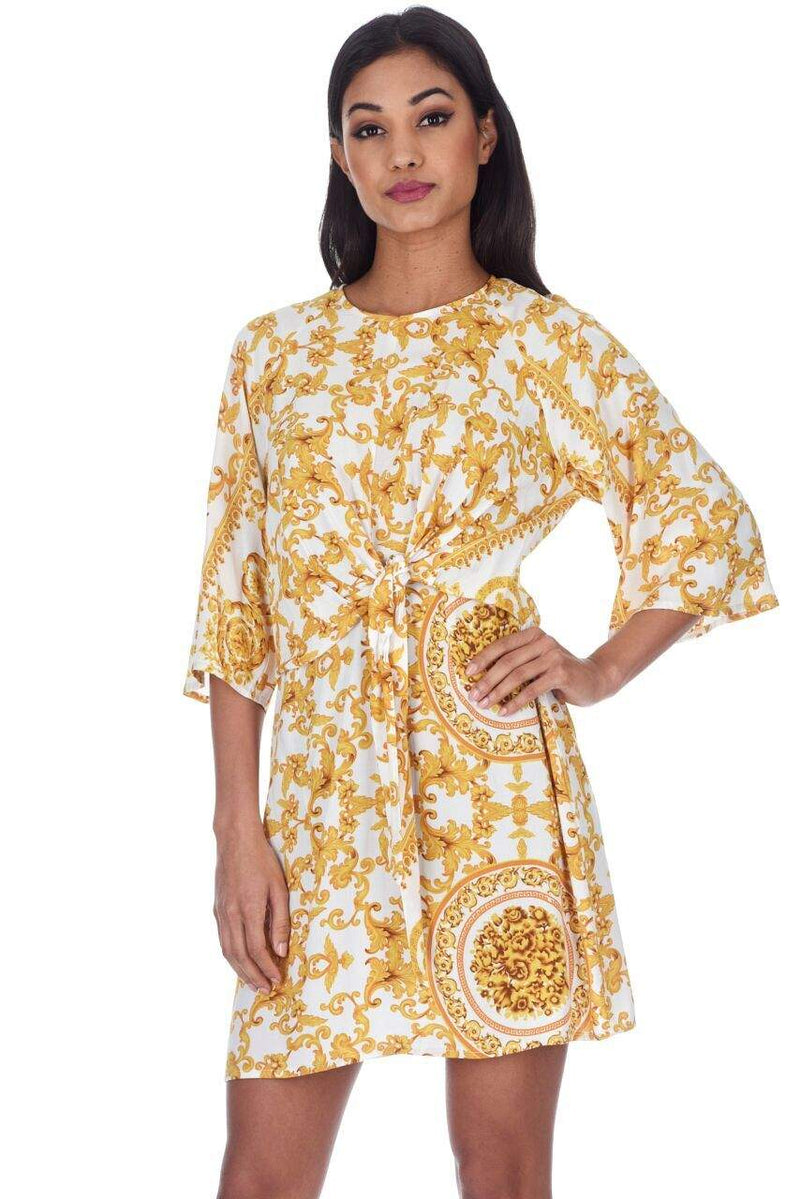 White And Gold Patterned Shift Dress With Flared Sleeves AX Paris White And Gold Patterned Shift Dress With Flared Sleeves AX Paris