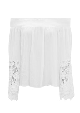 White Bardot Top with Crochet Sleeves