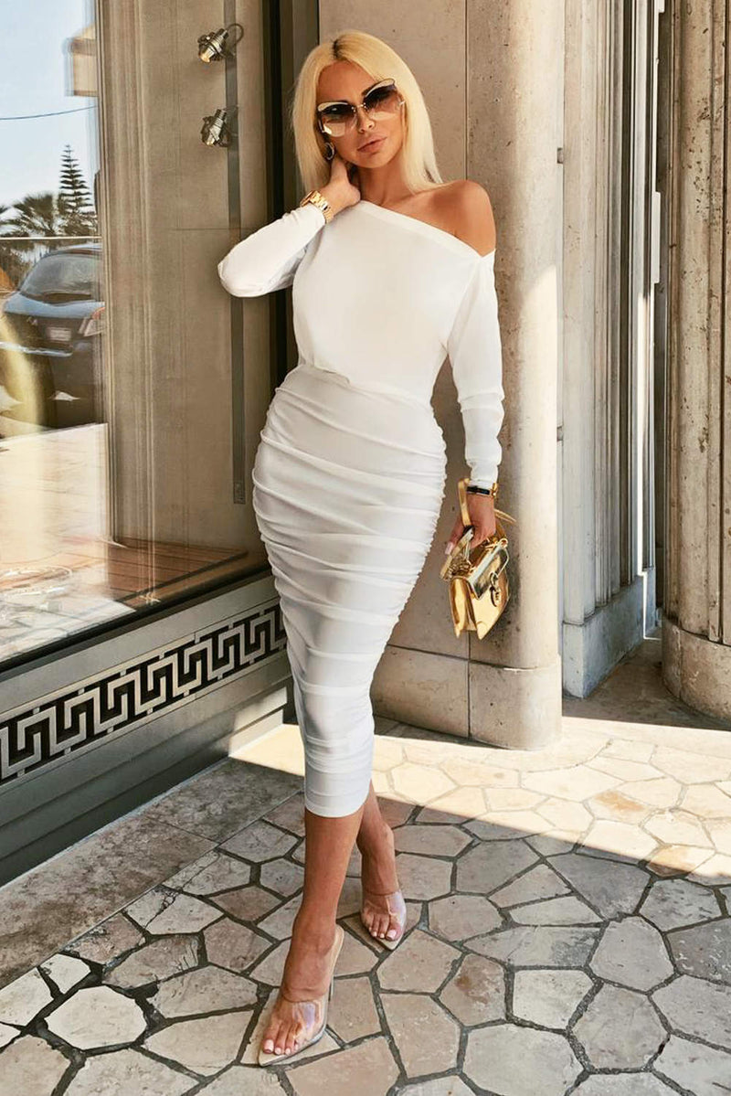 White Boat Neck Dress With Ruched Detail AX Paris White Boat Neck Dress With Ruched Detail AX Paris