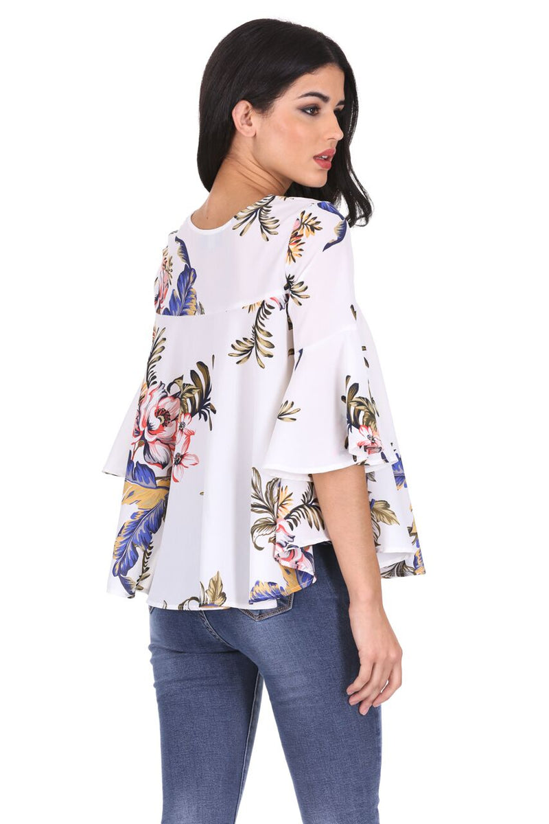 Cream Floral Flared Sleeves Top
