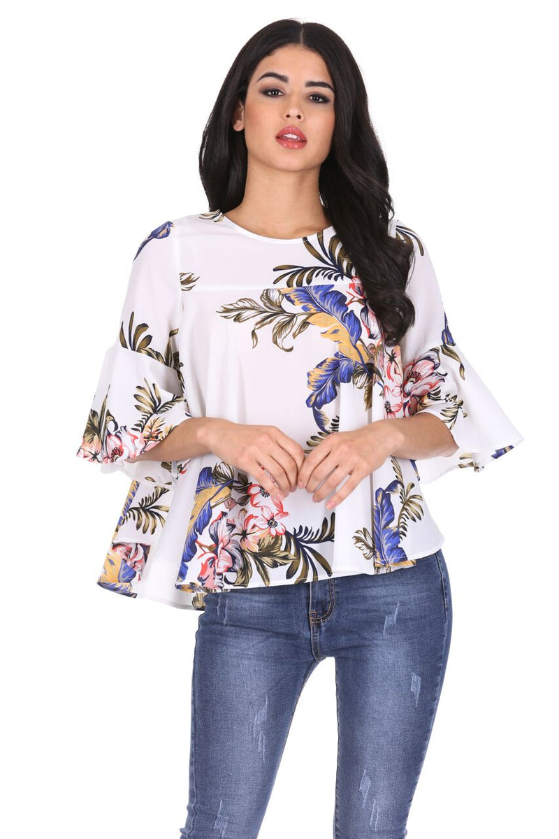 Cream Floral Flared Sleeves Top