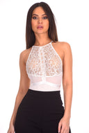 White Lace Mesh Open Back Bodysuit