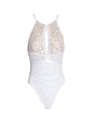 White Lace Mesh Open Back Bodysuit