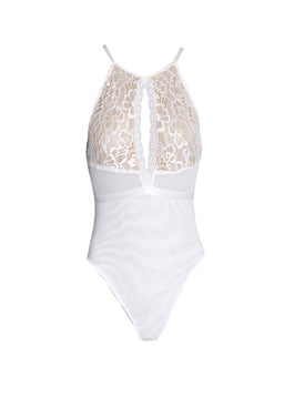 White Lace Mesh Open Back Bodysuit