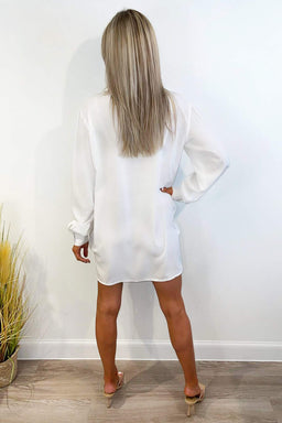 White Ruched Front Shirt Dress