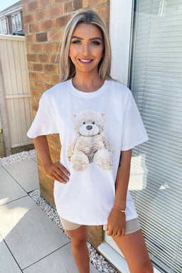 White Teddy Print Oversized Tee