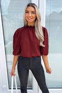 Wine Elasticated Neck Puff Sleeve Blouse