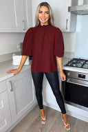 Wine Elasticated Neck Puff Sleeve Blouse