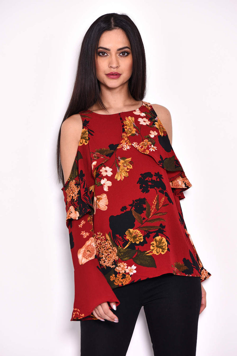 Wine Flare Sleeve Cold Shoulder Top AX Paris