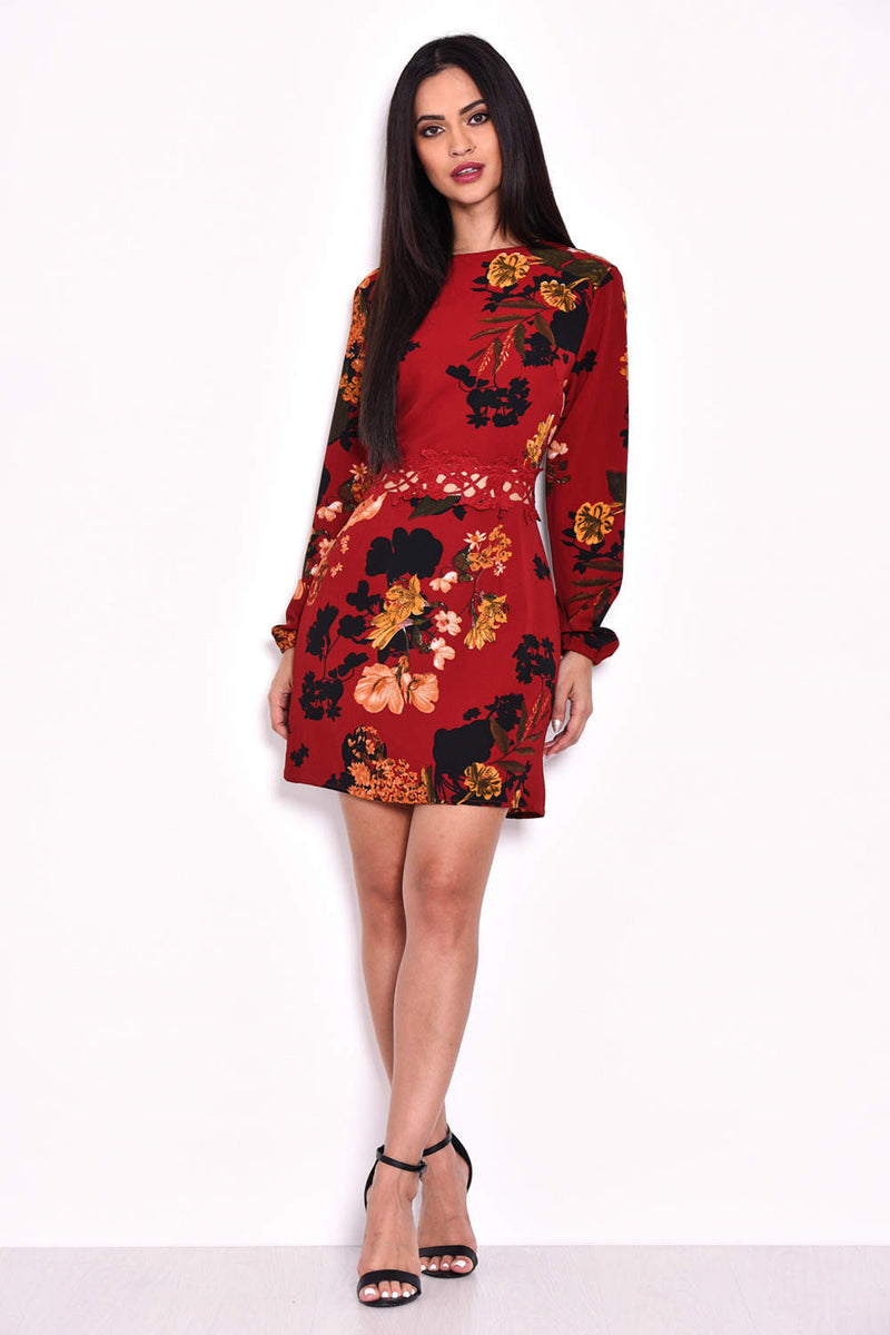 Wine Floral Crochet Waist Dress AX Paris