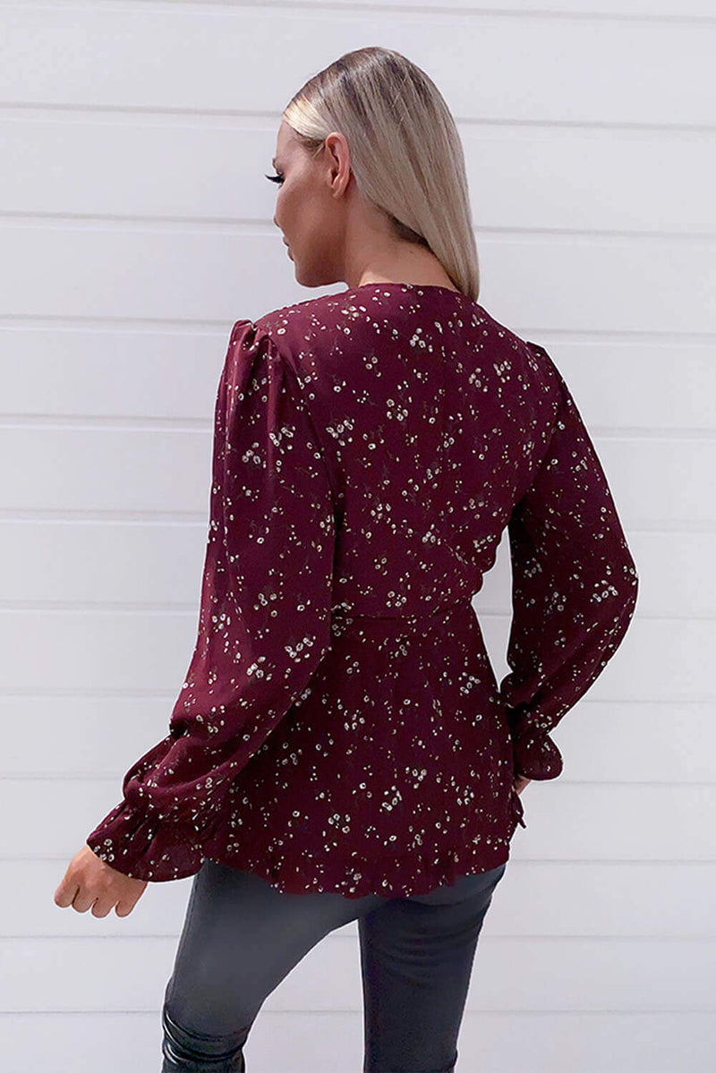 Wine Floral Frill Wrap Top