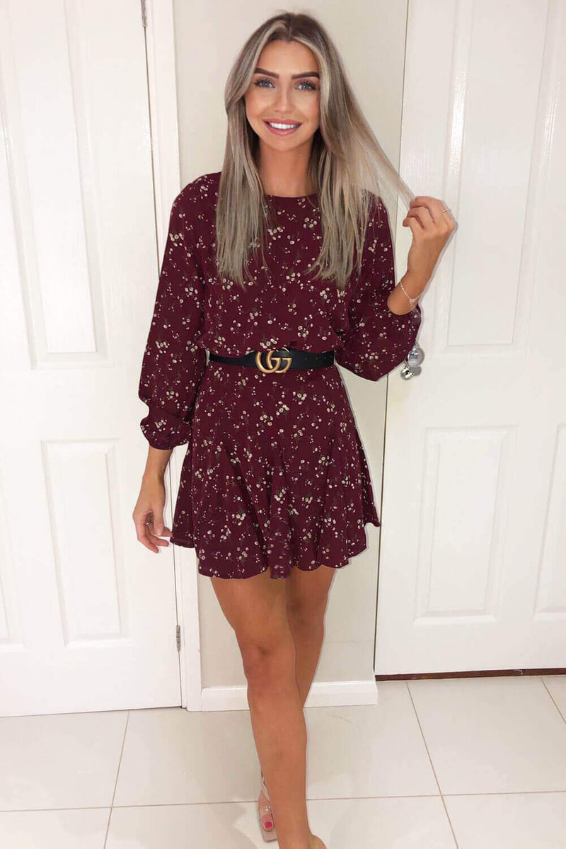 Wine Floral Printed Pleat Dress