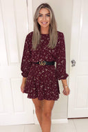 Wine Floral Printed Pleat Dress