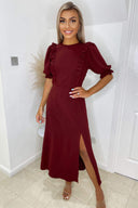 Wine Ruffle Split Leg Midi Dress