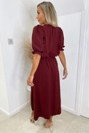 Wine Ruffle Split Leg Midi Dress