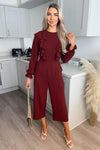 Wine Frill Front Long Sleeve Jumpsuit