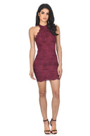 Wine Halter Lace Mini Dress