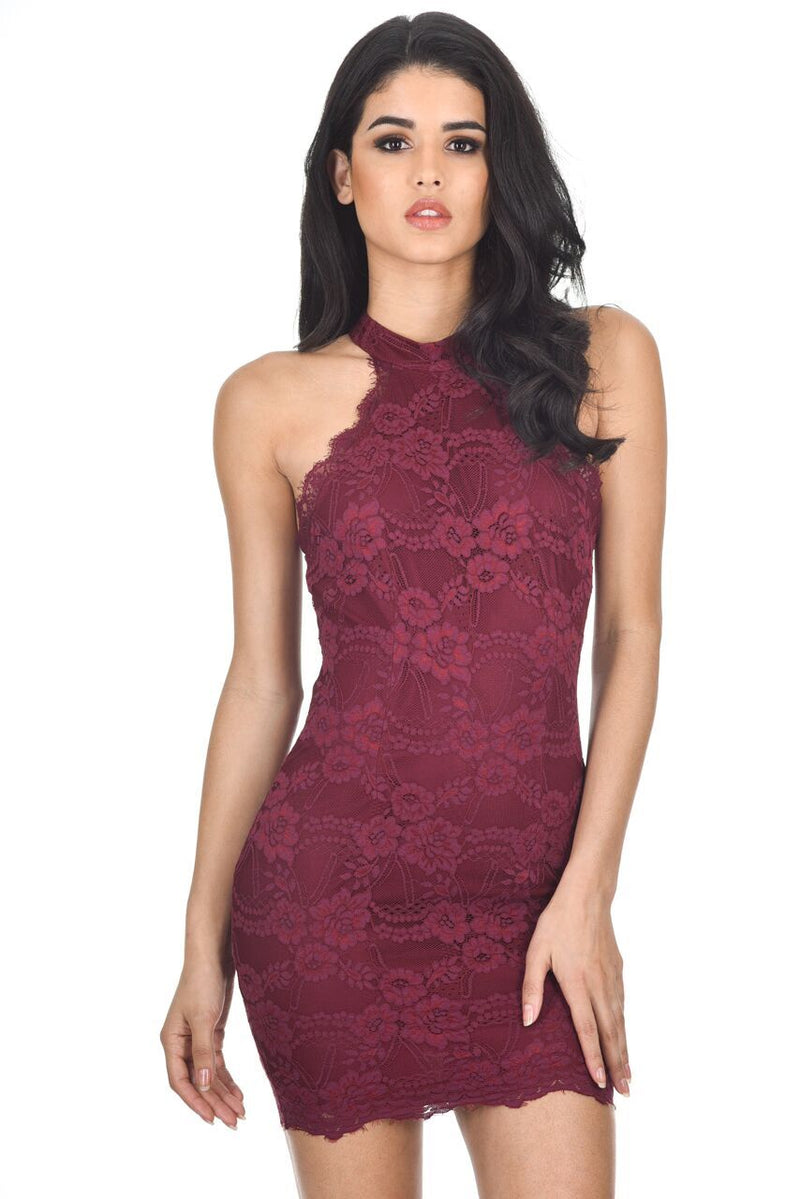 Wine Halter Lace Mini Dress