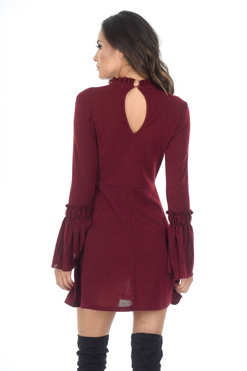 Wine High Neck Bell Sleeve Tunic