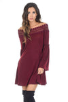 Wine Off The Shoulder Frill Swing Dress