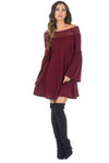 Wine Off The Shoulder Frill Swing Dress