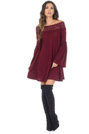 Wine Off The Shoulder Frill Swing Dress