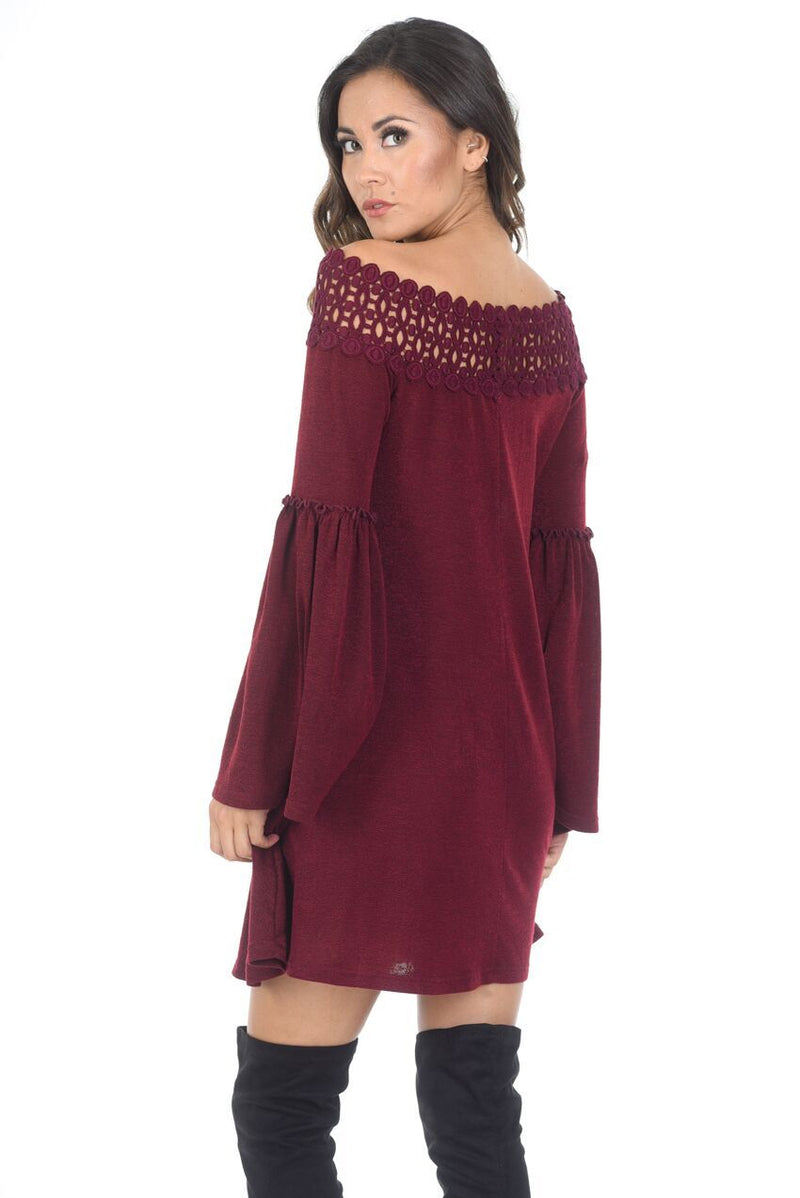 Wine Off The Shoulder Frill Swing Dress