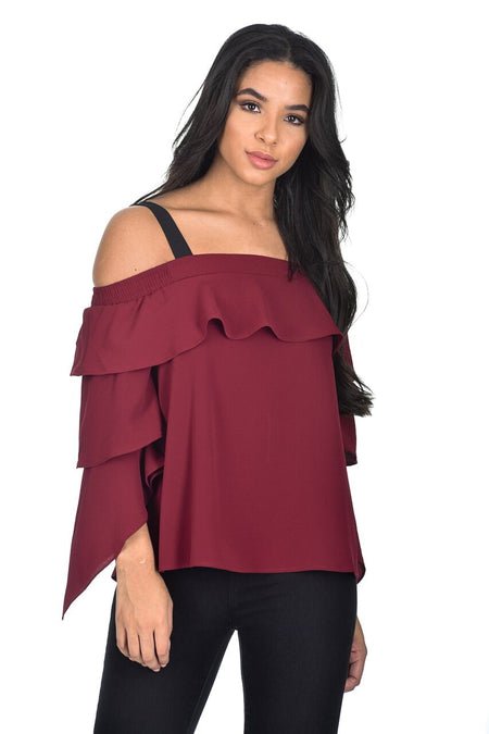 Wine Off The Shoulder Frill Top