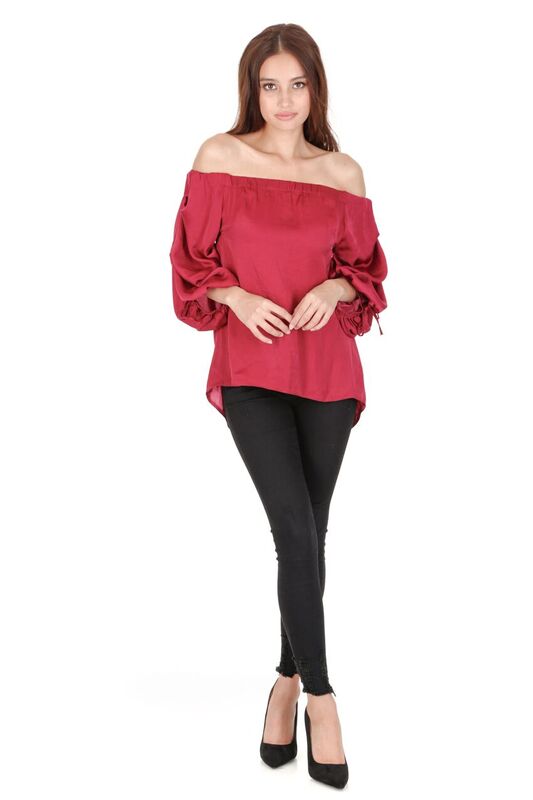 Wine Off The Shoulder Sleeve Detail Top