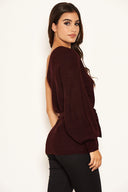 Wine One Shoulder Tie Waist Knit Jumper