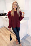 Wine Puff Sleeve Loose Fit Top