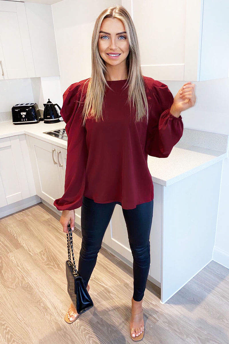 Wine Puff Sleeve Loose Fit Top