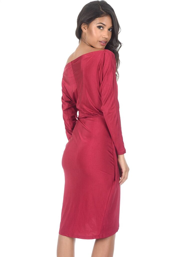 Wine Relaxed Shoulder Wrap Midi Dress