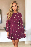 Wine Spotty Pleated Skirt Dress