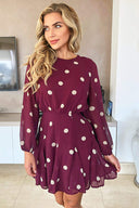 Wine Spotty Pleated Skirt Dress