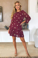 Wine Spotty Pleated Skirt Dress