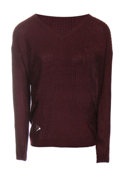 Wine V Neck Cable Knit Laddered Jumper