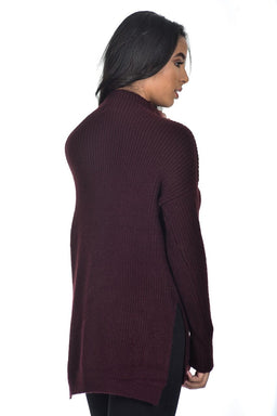 Wine High Neck Side Split Jumper