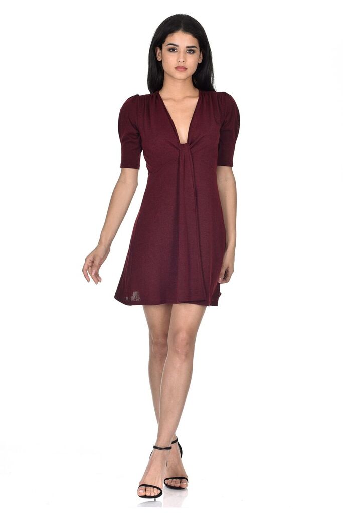 Wine Knitted Knot Front Dress