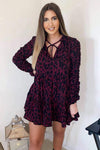 Wine Printed Ruched Sleeve Swing Dress