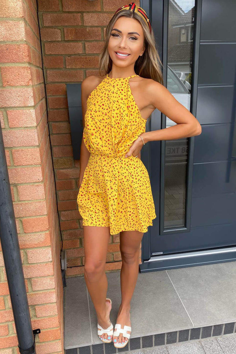 Yellow Floral High Neck Playsuit