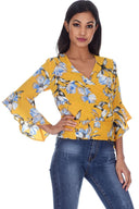 Yellow Floral Top With Flared Sleeves