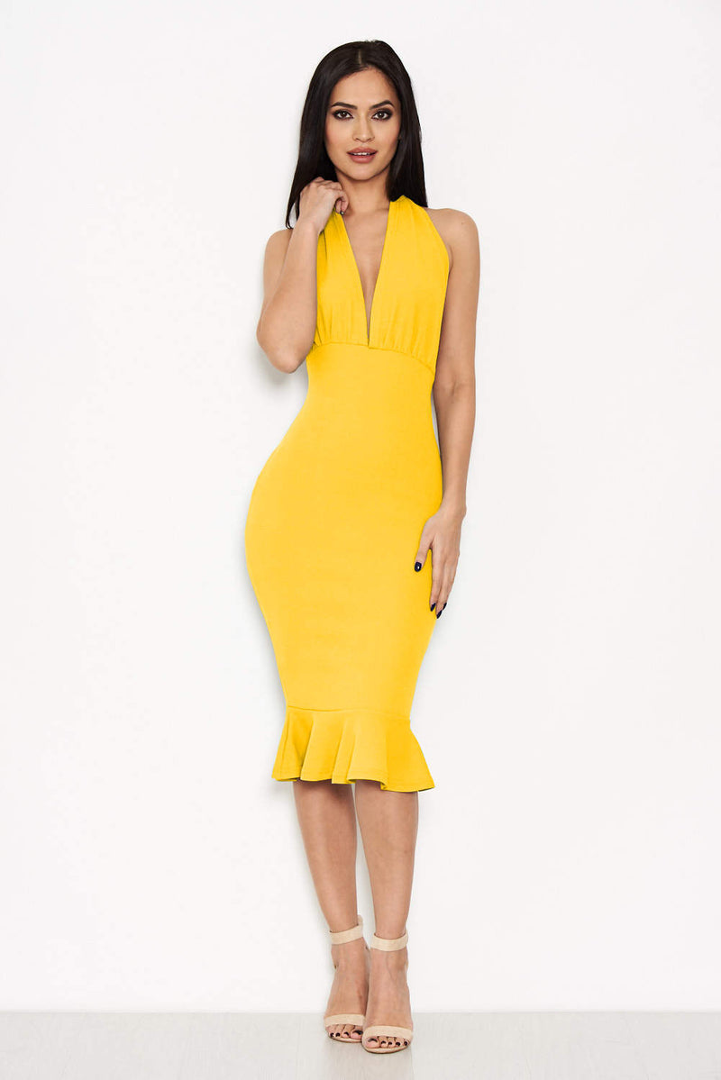 Yellow Backless Fishtail Midi Dress