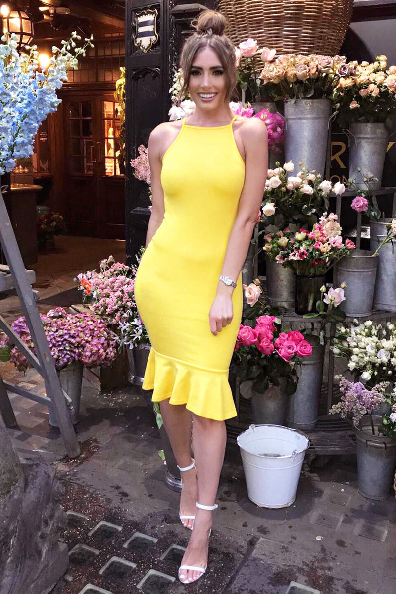 Yellow Bodycon Midi Dress With Frill Hem AX Paris Yellow Bodycon Midi Dress With Frill Hem AX Paris